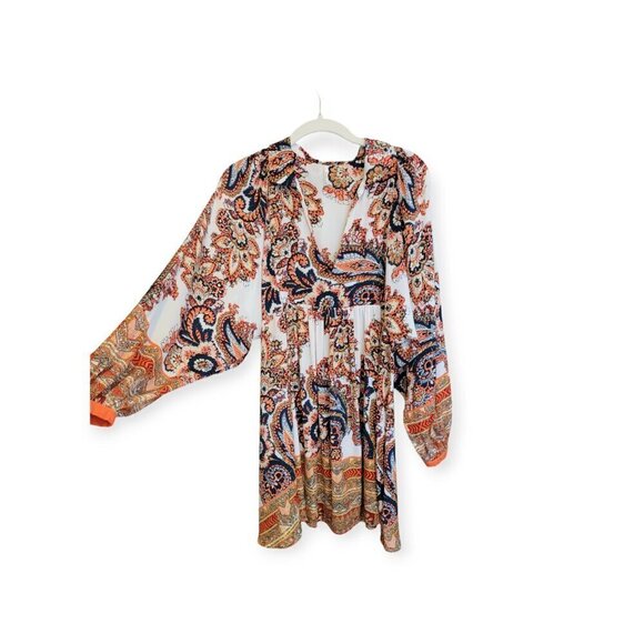 Free People Paisley Boho Mini Dress XS Long Sleeve Cream Fall Style - Picture 3 of 10